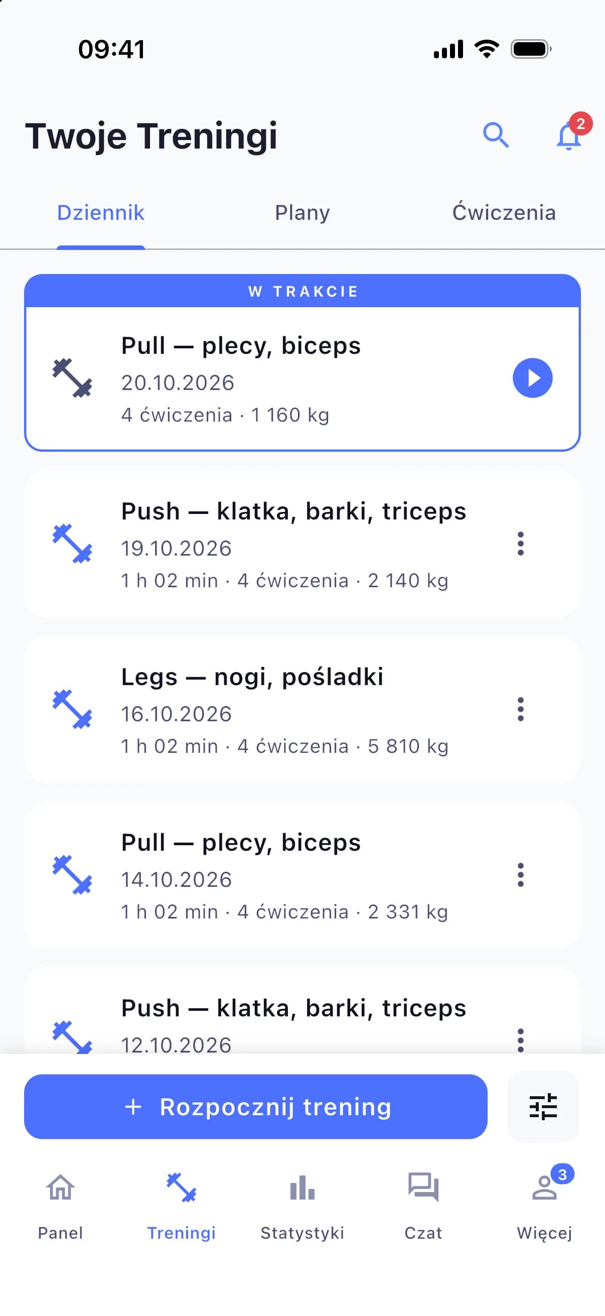 Dziennik: trening w toku i ostatnie treningi z czasem i objętością