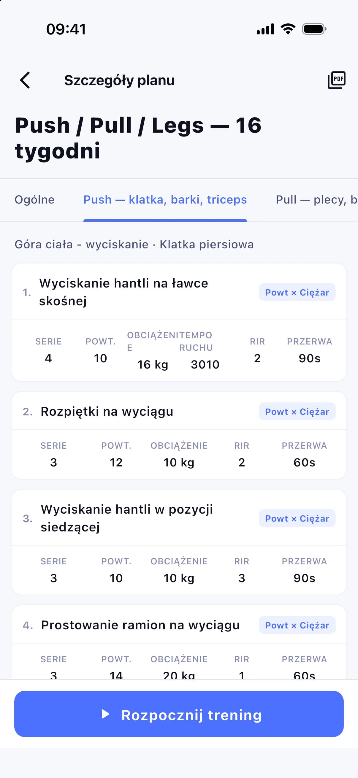 Dzień planu: ćwiczenia z seriami, powtórzeniami i ciężarem