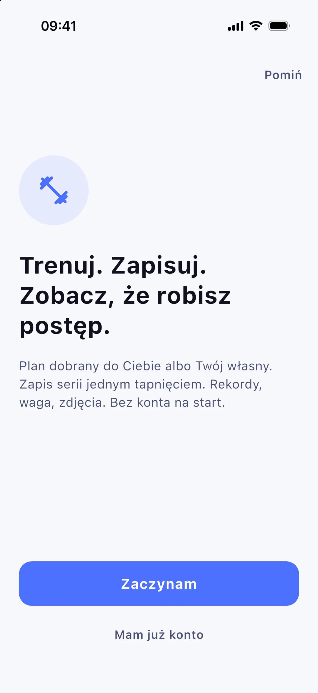 Ekran powitalny aplikacji: „Trenuj. Zapisuj. Zobacz, że robisz postęp.”, przyciski Zaczynam i Mam już konto