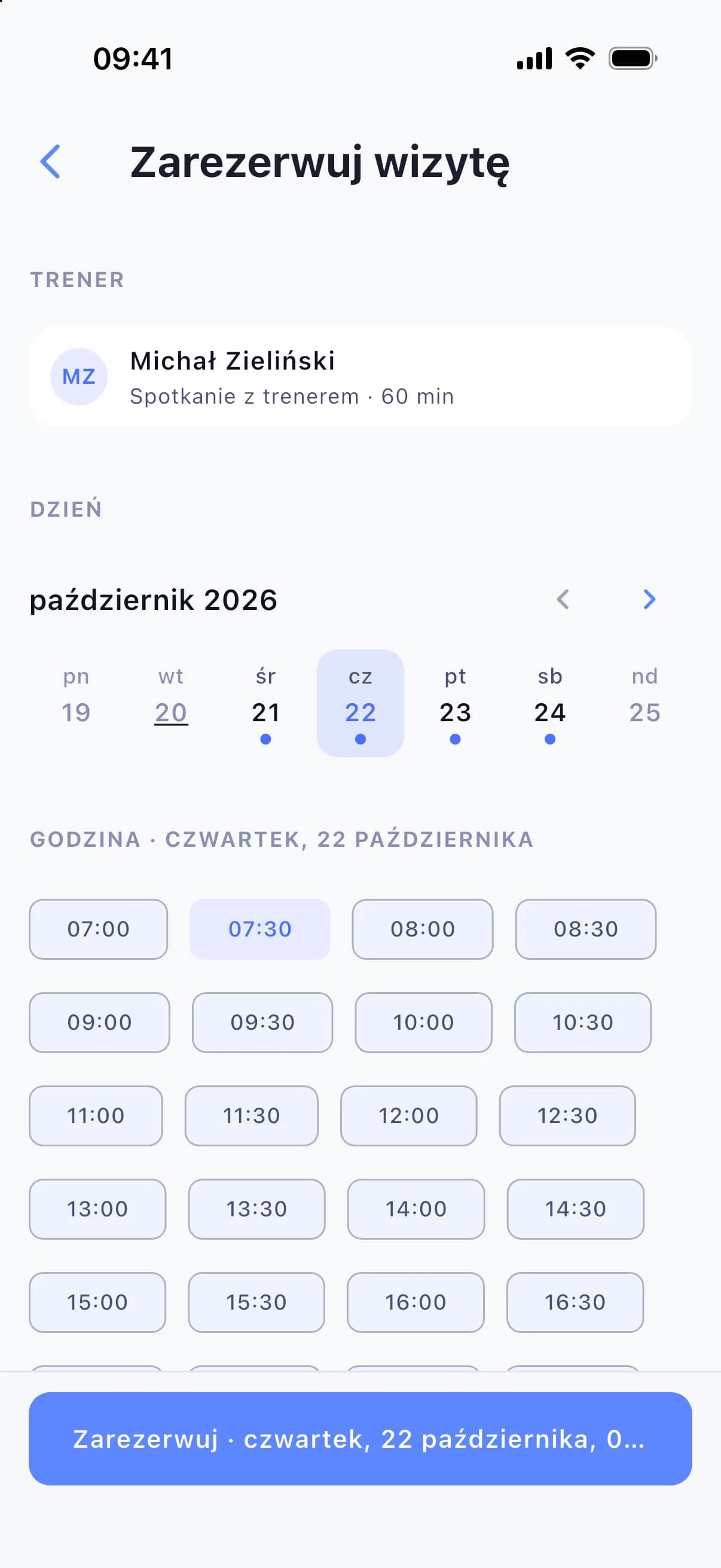 Klient rezerwuje wizytę: wybiera dzień i wolną godzinę