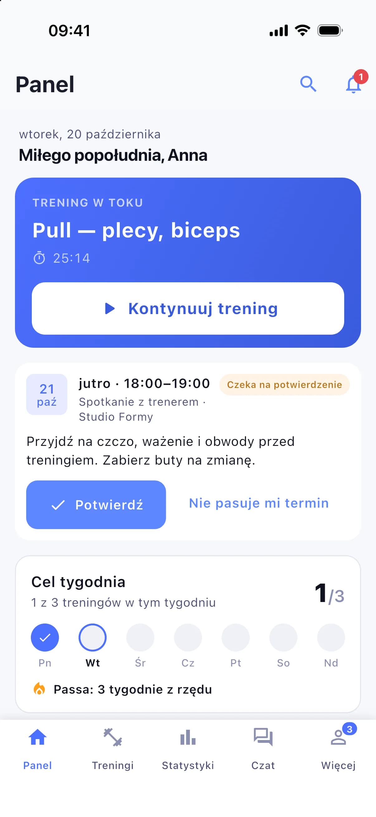 Trening w toku i wizyta u trenera do potwierdzenia