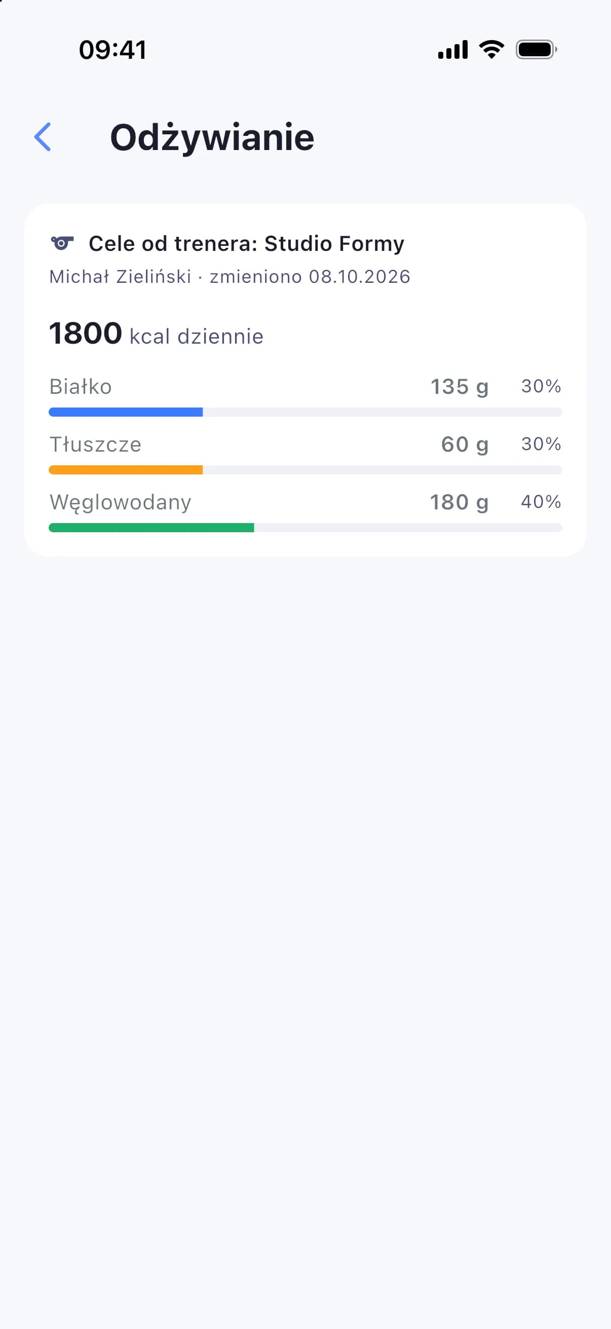 Klient widzi w zakładce „Odżywianie” cele ustawione przez trenera