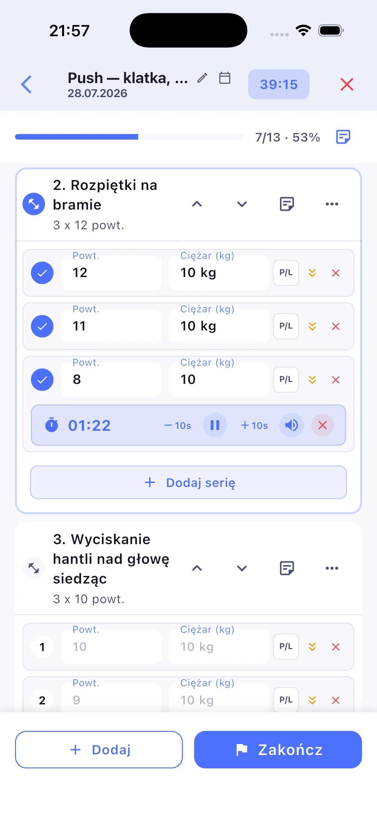 Sesja treningowa z licznikiem przerwy między seriami