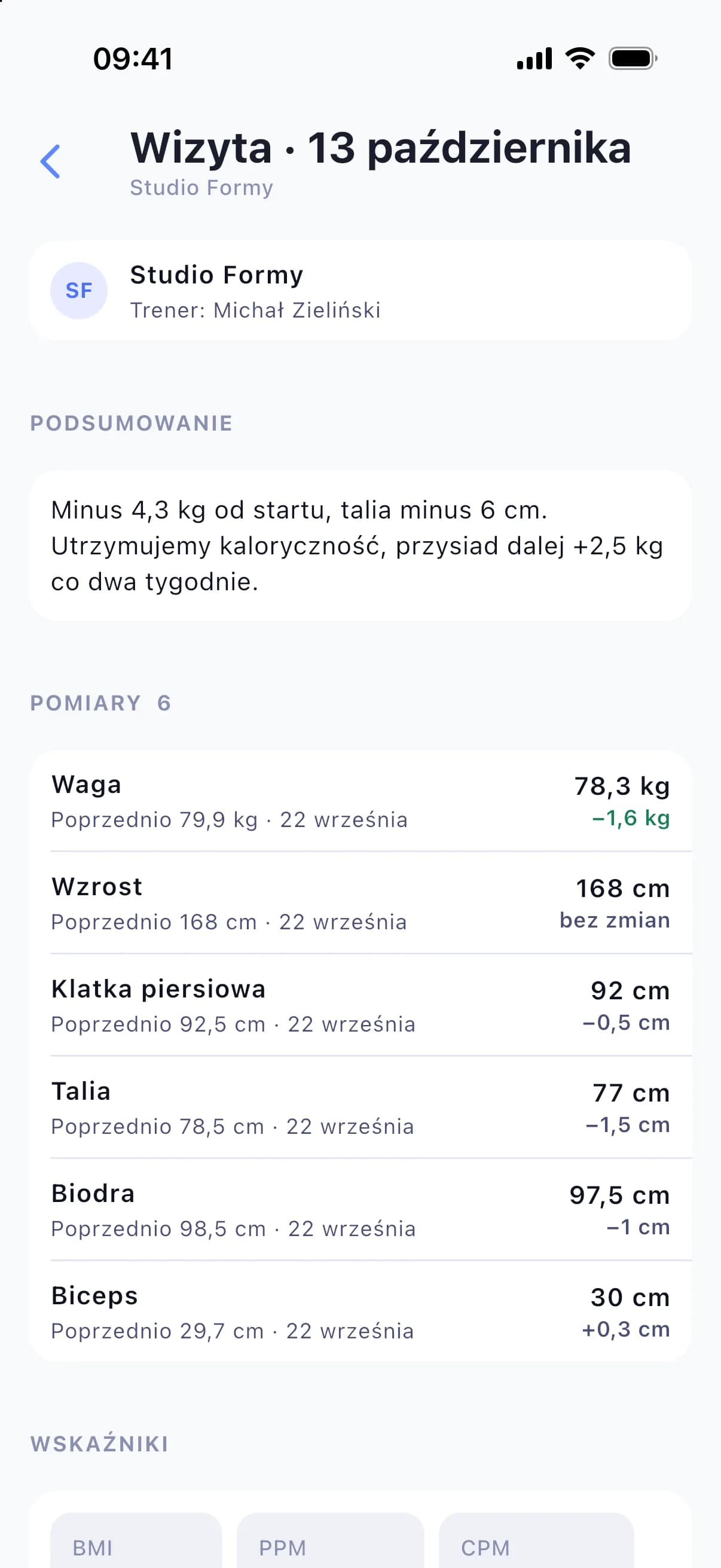 Wizyta u klienta: podsumowanie i pomiary z porównaniem do poprzedniej