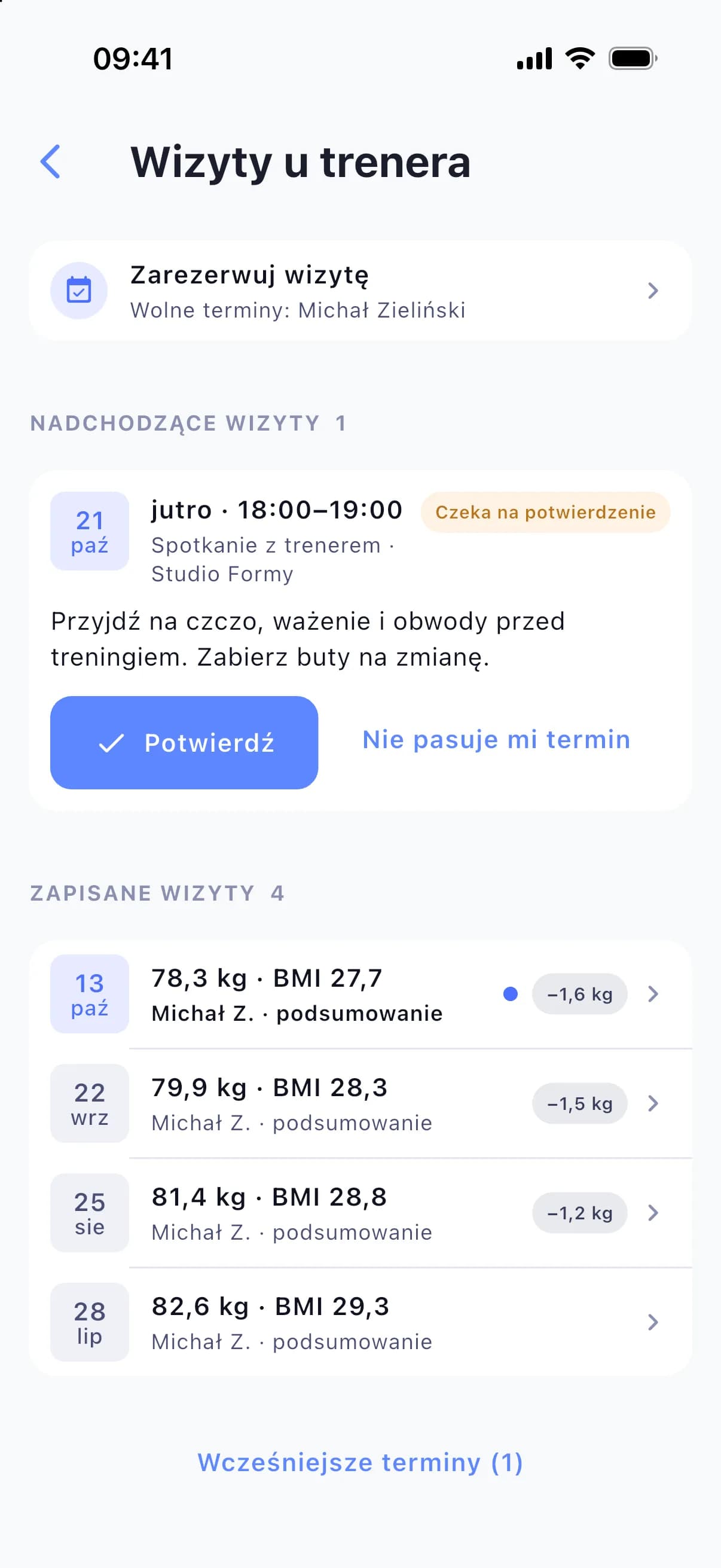 Rezerwacja wizyty, nadchodzące wizyty i waga z każdej wizyty