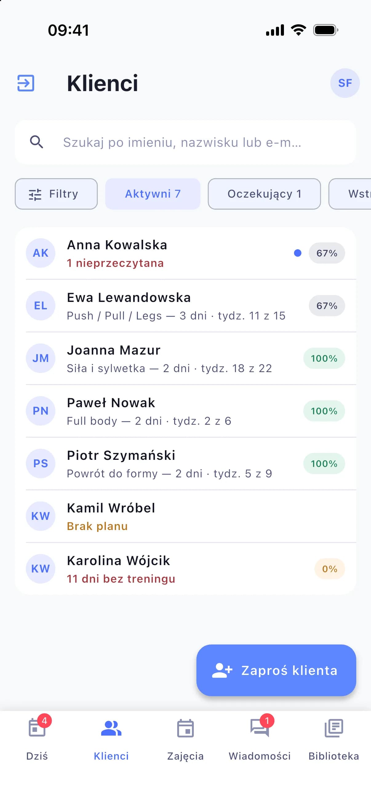 Lista klientów z realizacją planu, brakiem planu i dniami bez treningu