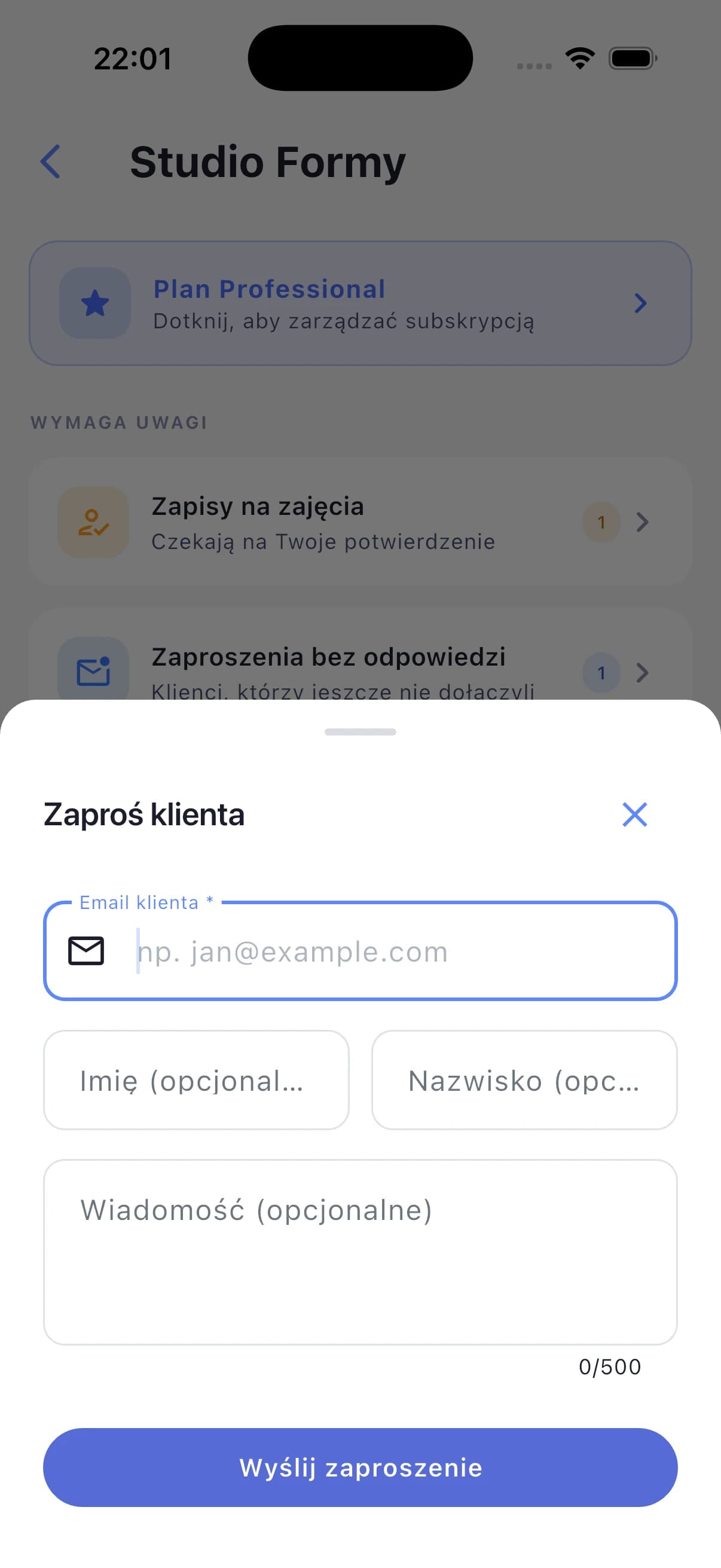 Formularz zaproszenia klienta — wpisujesz tylko e-mail