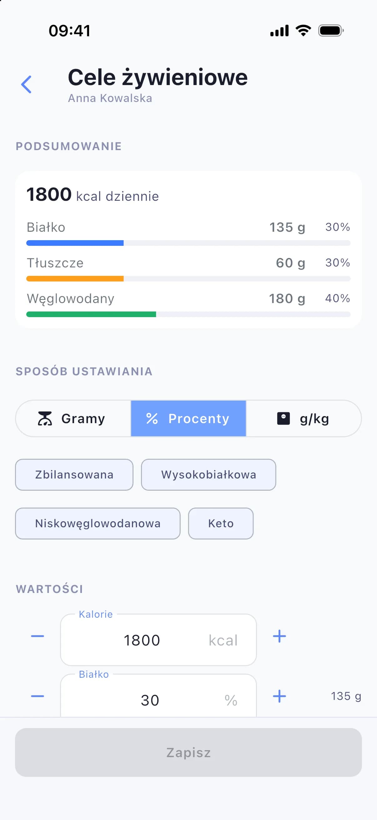 Cele żywieniowe: kalorie, makro i tryb gramy / procenty / g/kg