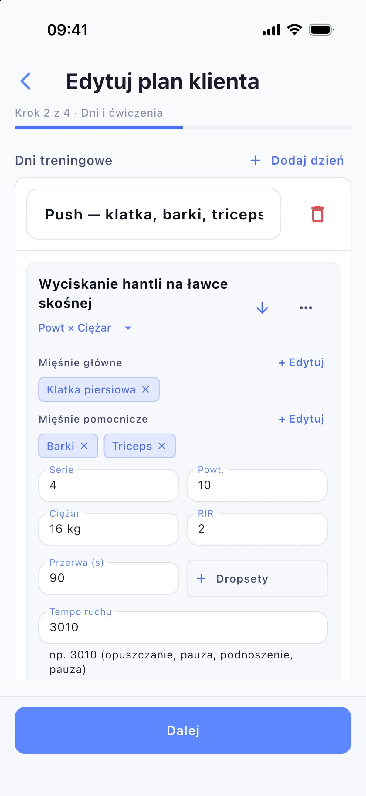 Ćwiczenie w kreatorze: serie, powtórzenia, ciężar, RIR, przerwa, tempo