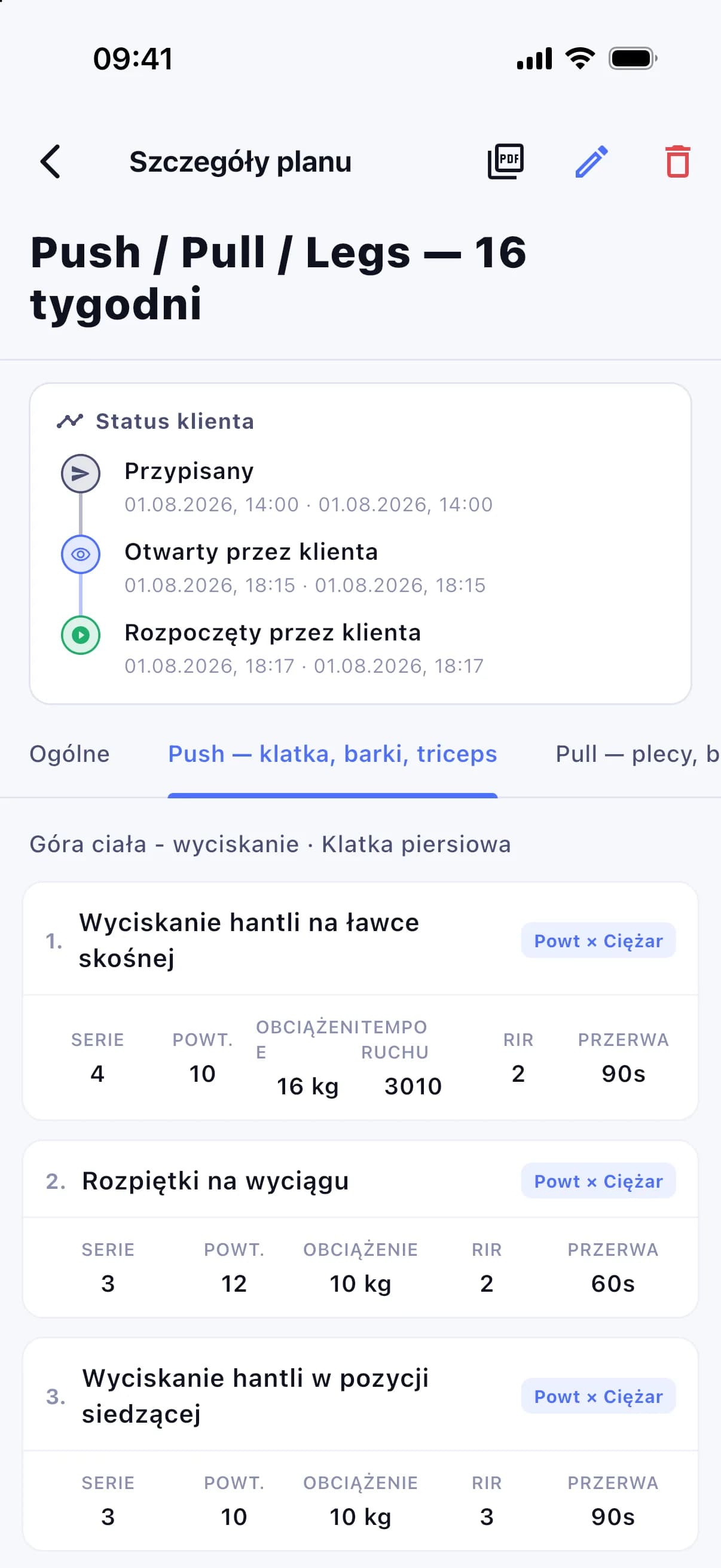 Plan klienta z ćwiczeniami dnia oraz datą otwarcia i rozpoczęcia