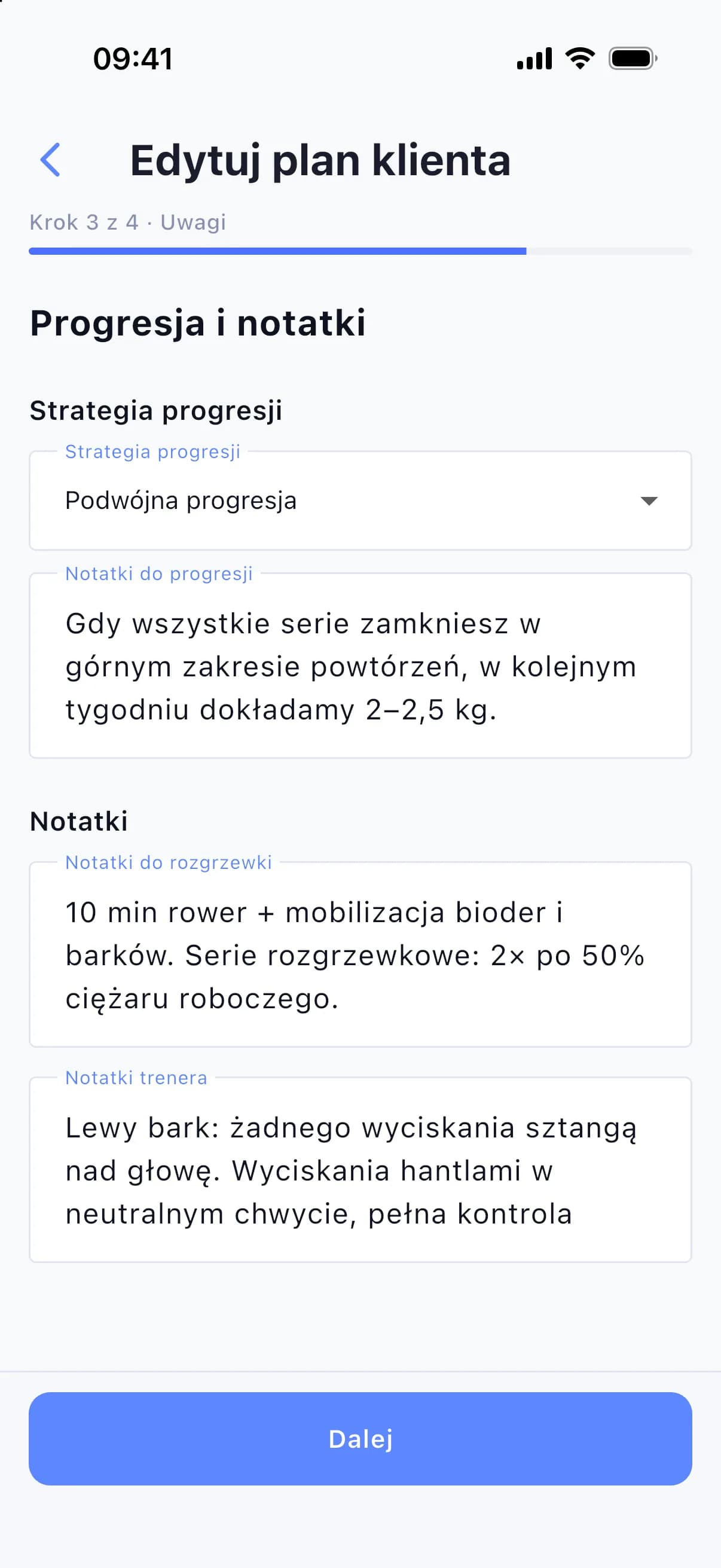 Krok „Uwagi”: strategia progresji, rozgrzewka i notatki trenera