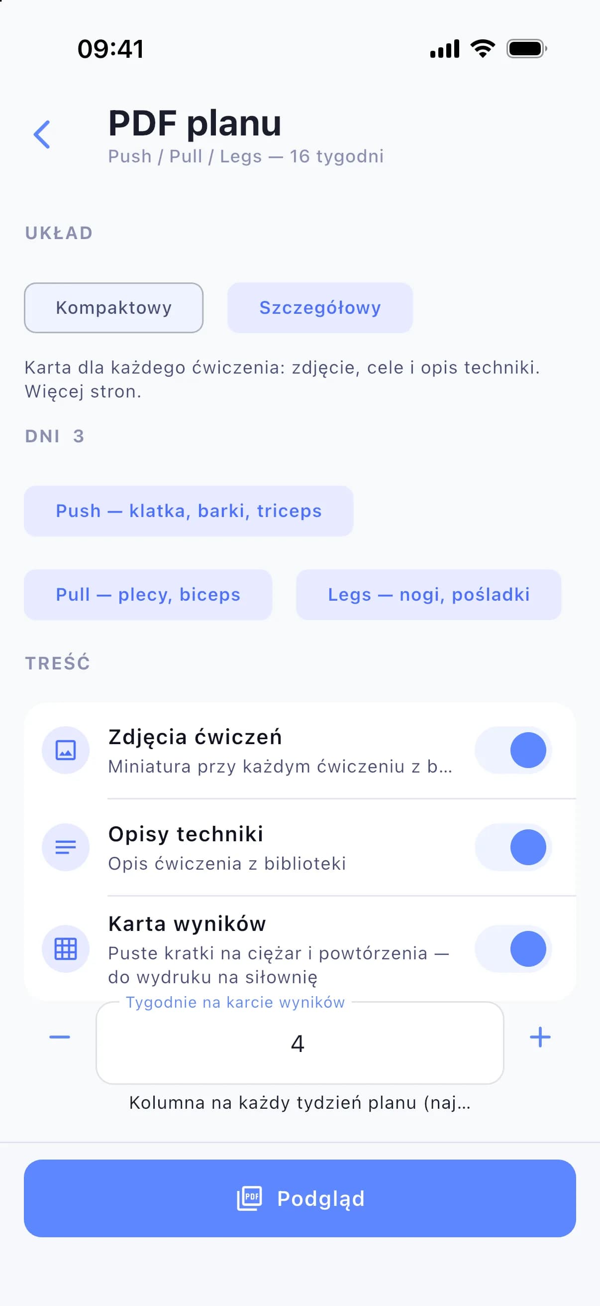 Ustawienia PDF: układ, dni, zdjęcia, opisy techniki i karta wyników