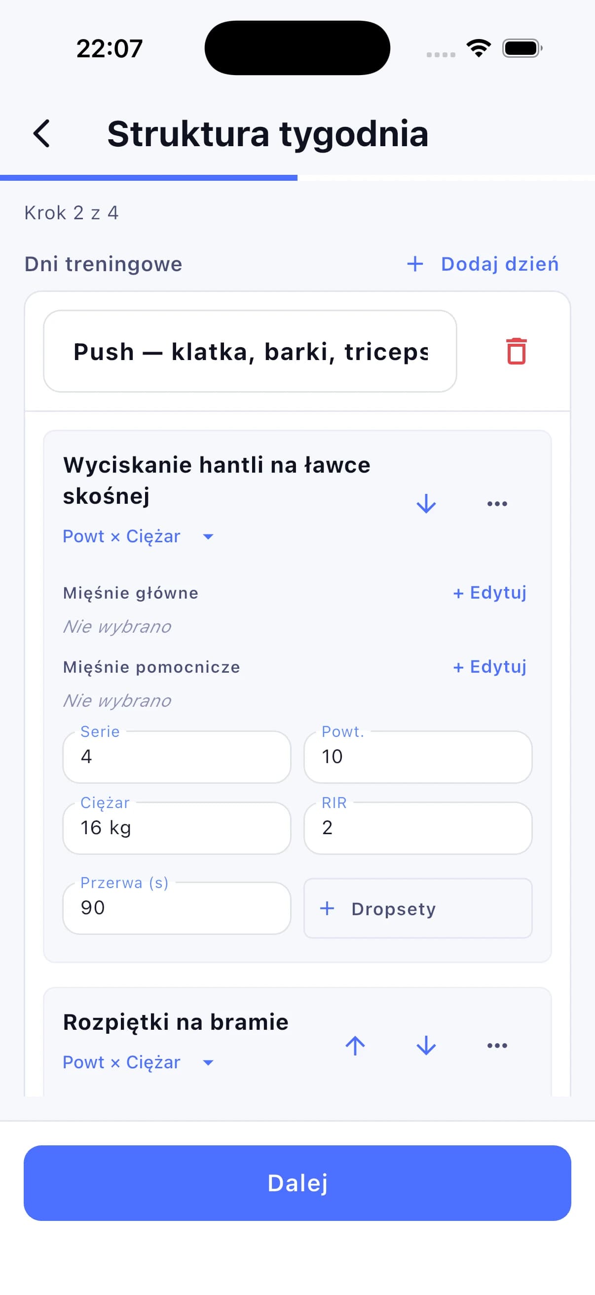 Plan tygodnia z rozkładem treningowym