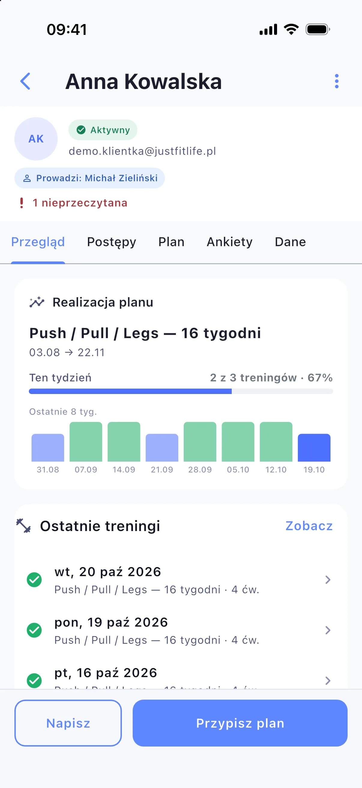 Karta klienta: realizacja planu tydzień po tygodniu i ostatnie treningi