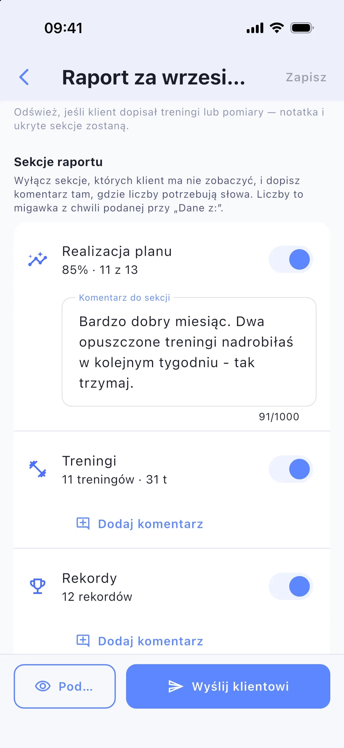 Szkic raportu: komentarz trenera i przełączniki widoczności sekcji