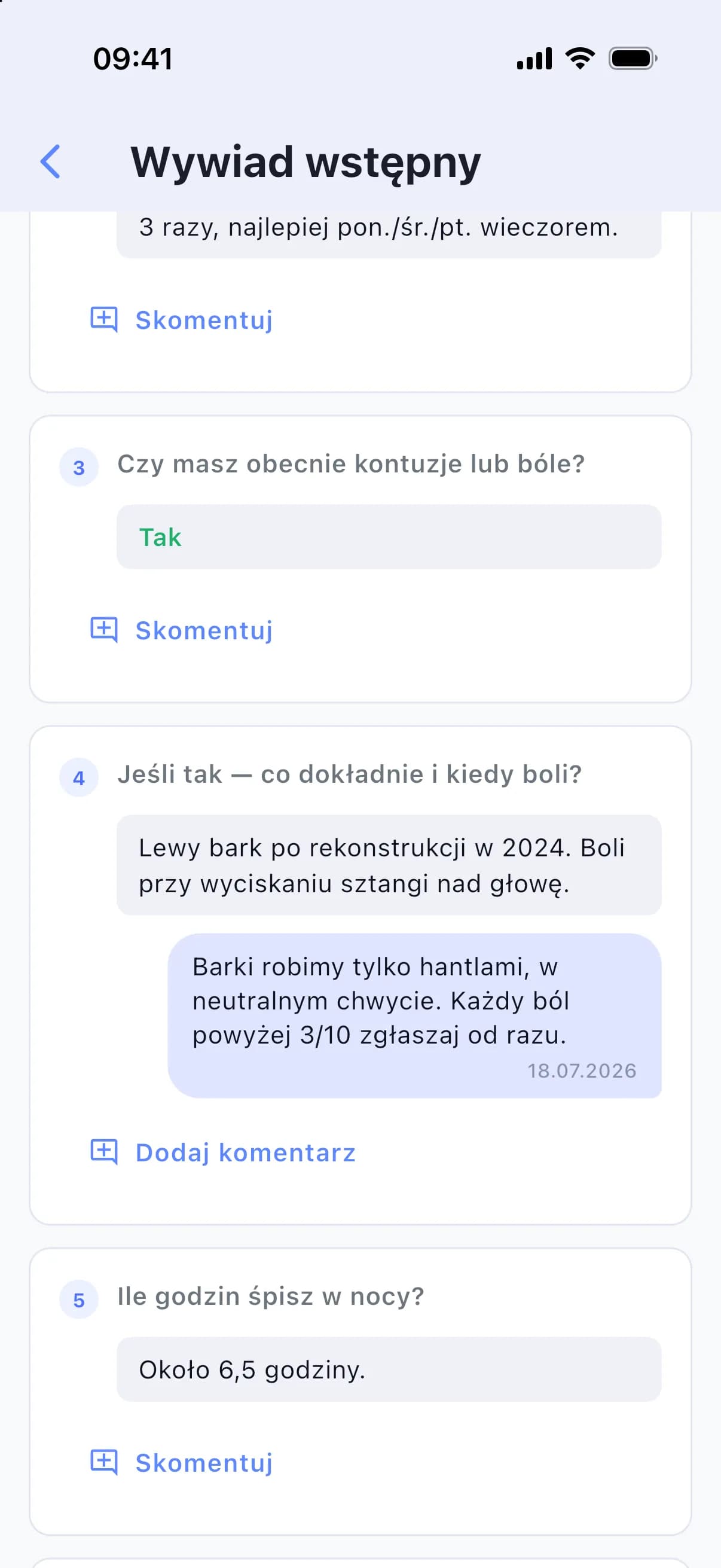 Komentarz trenera przy odpowiedzi klienta w wywiadzie