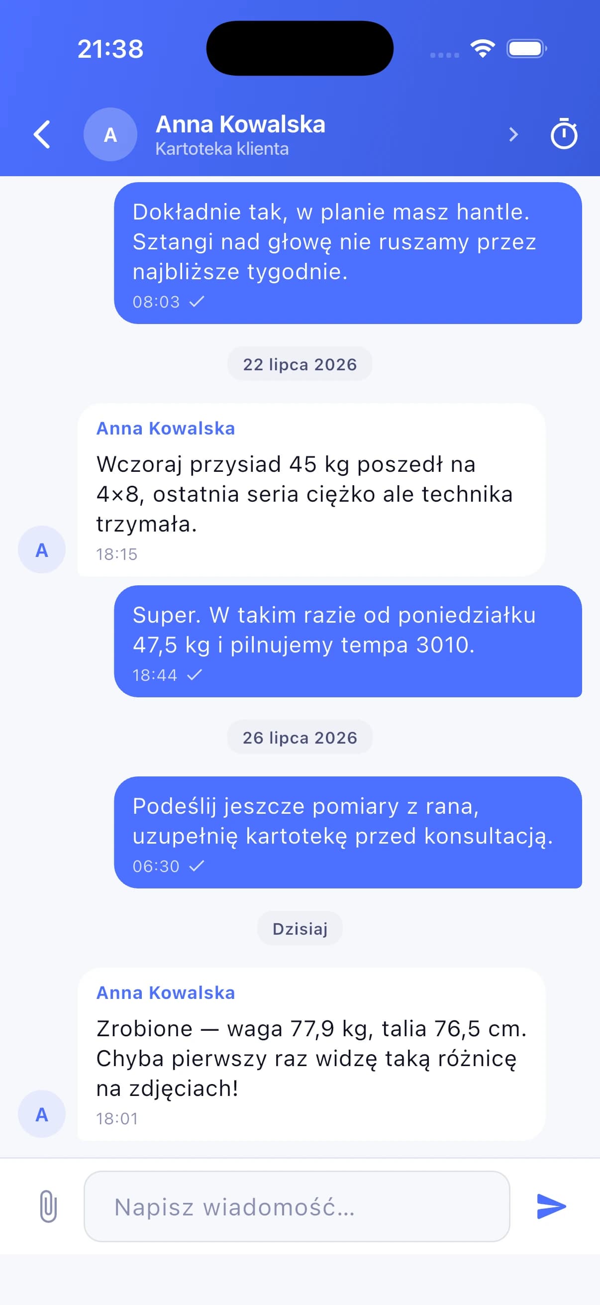 Rozmowa z klientem — osobny wątek, bez wymiany numerów