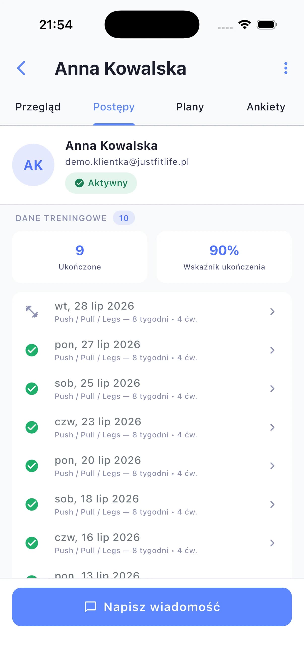 Historia wykonanych treningów w kartotece